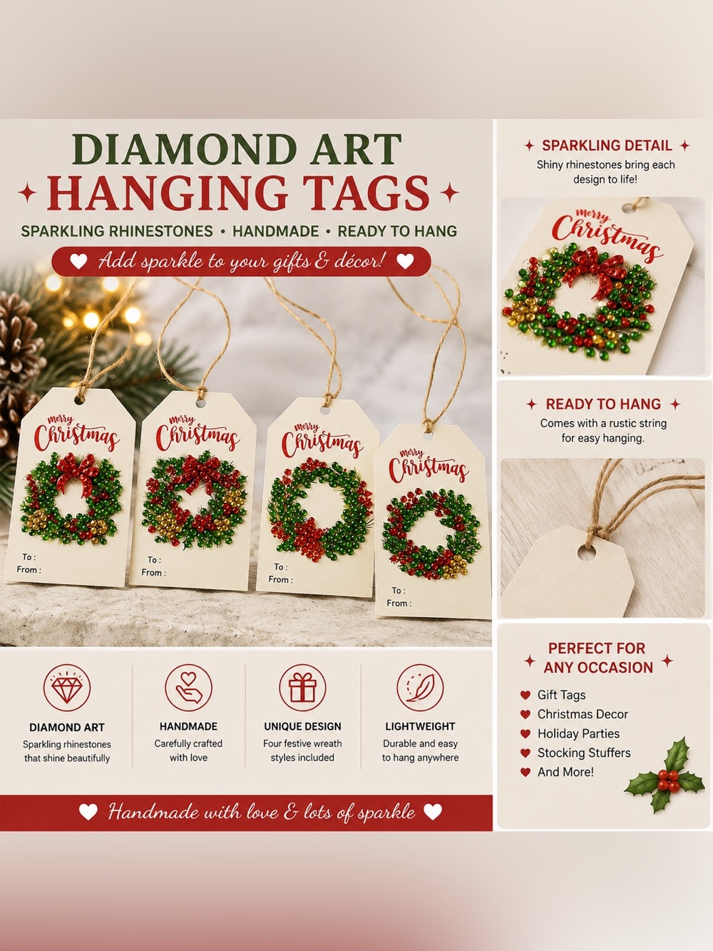 Handmade Diamond Art Christmas Wreath Gift Tags Set of 4 | Holiday Decor Sealed